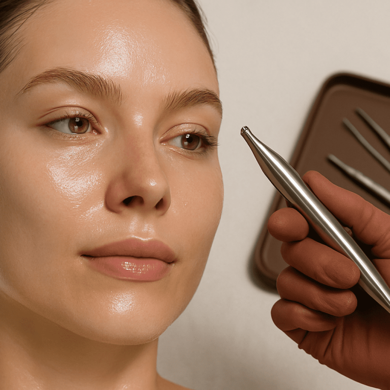 Woman receiving a skincare treatment with a metal tool held near her face at a spa.