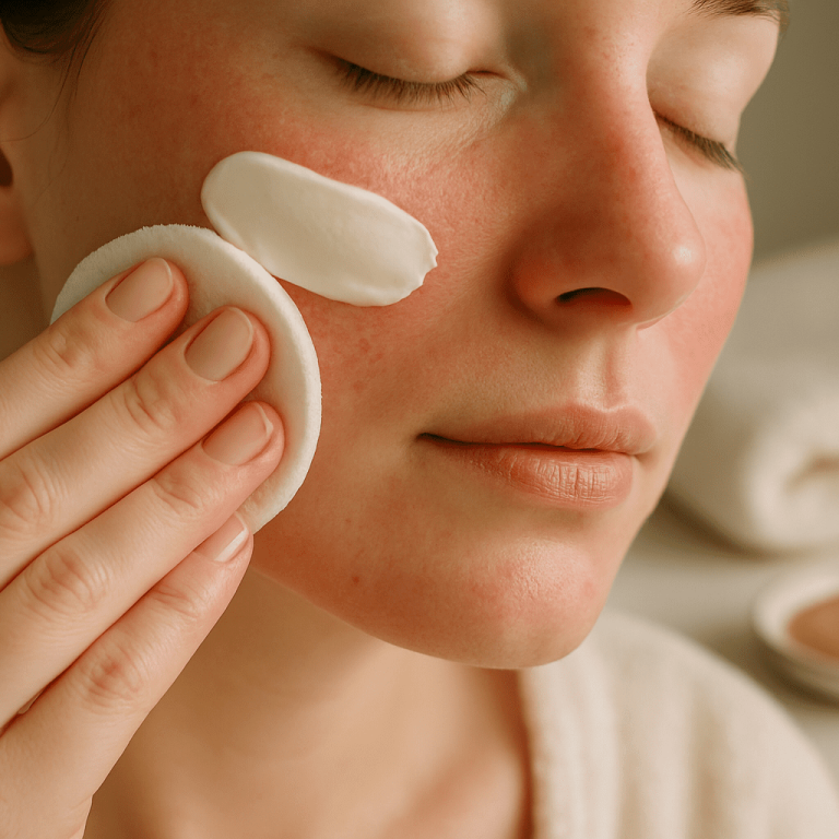 Woman with sensitive, red skin applying soothing cream to her cheek with a cotton pad.