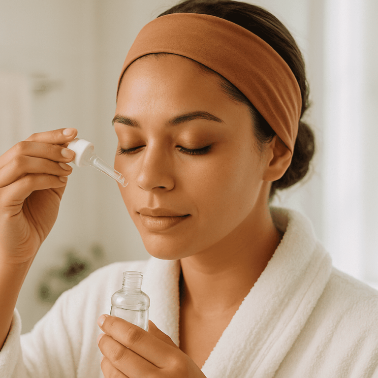 Woman applying facial serum with a dropper, wearing a headband and bathrobe in a bright bathroom.