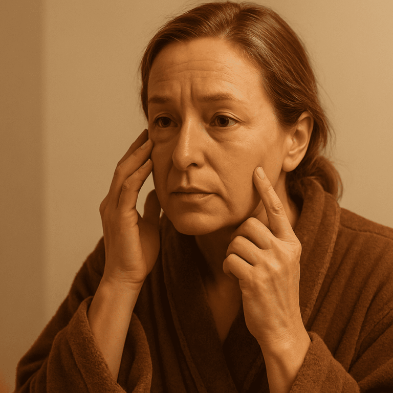 Middle-aged woman examining her skin in the mirror, touching her face with both hands, looking thoughtful.