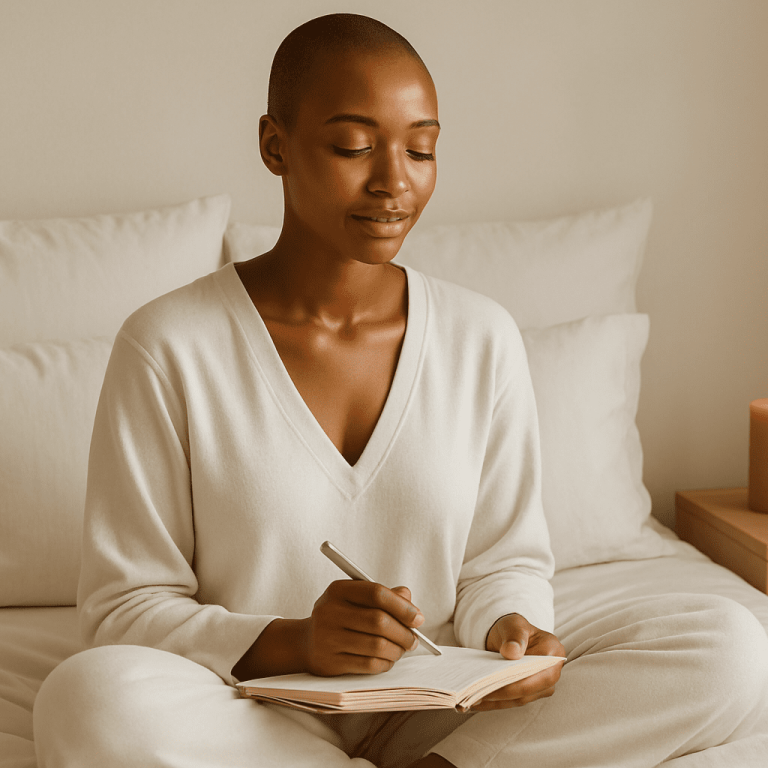 Woman sitting cross-legged on a bed, journaling with a pen, a candle lit beside her, creating a calm atmosphere.