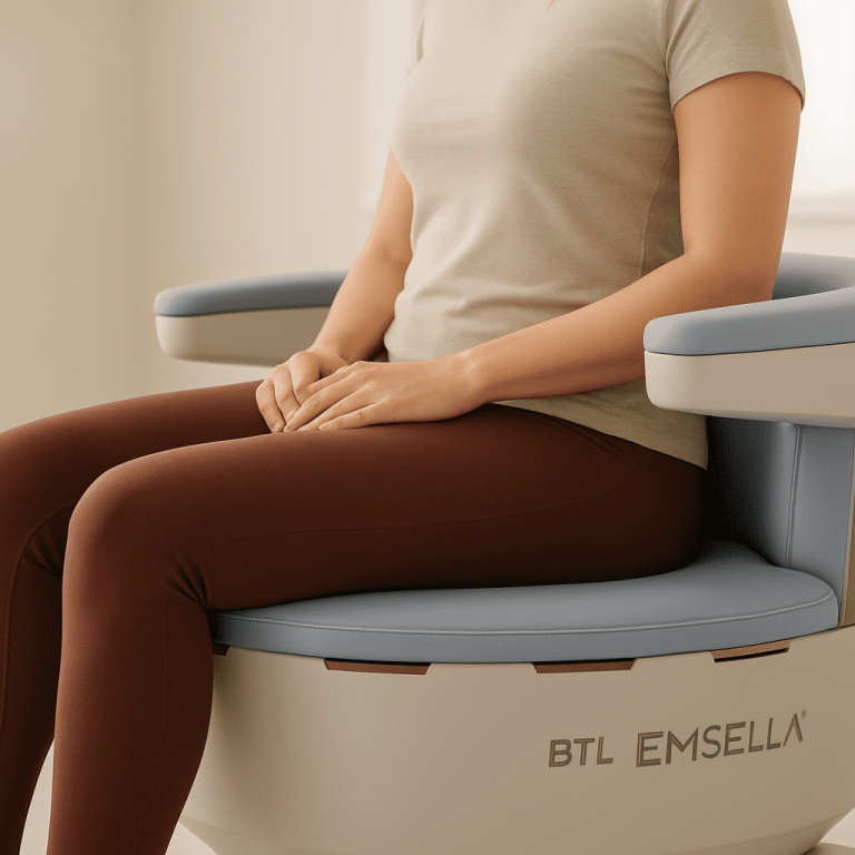 Woman sitting on BTL Emsella chair for non-invasive pelvic floor therapy.