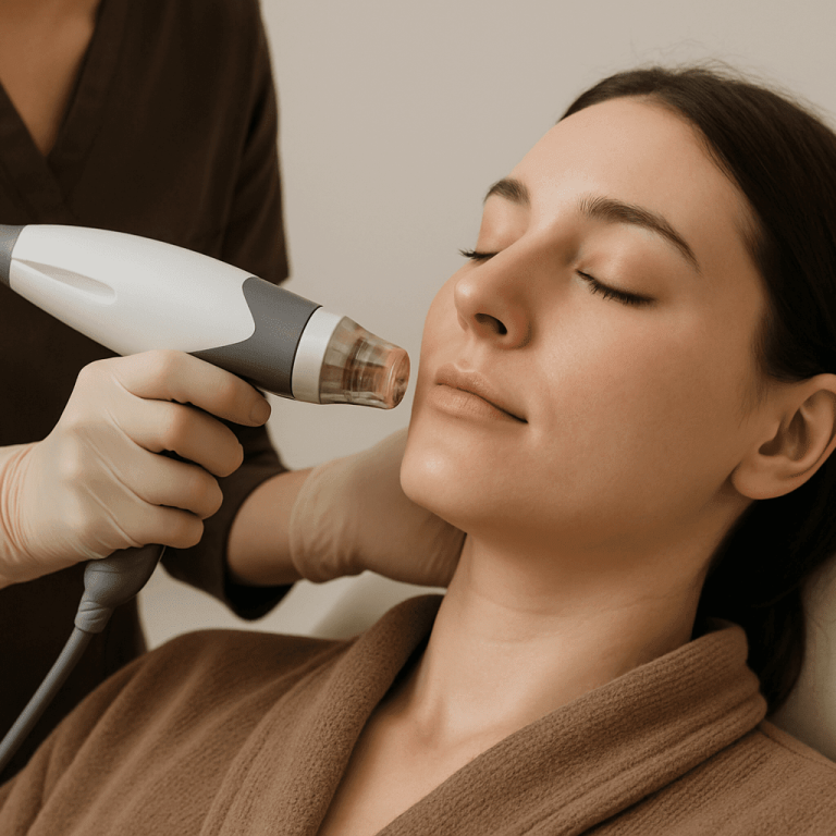 Clinician performing non-invasive laser treatment on a woman’s face.