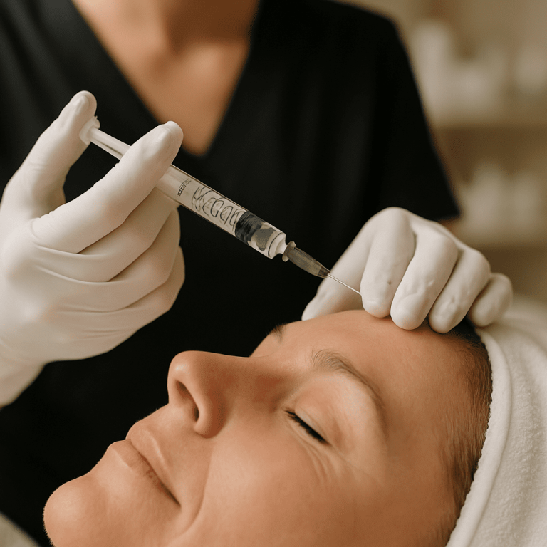 Clinician administering Botox injection into a woman's forehead.