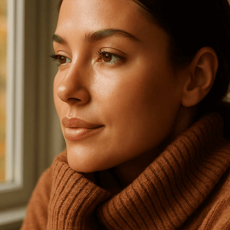 Close-up portrait of a woman with smooth, glowing skin looking out a window.