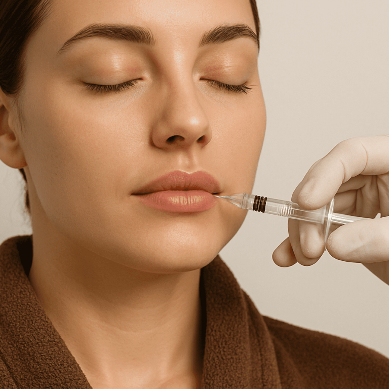 Close-up of a woman receiving a lip filler injection from a professional.