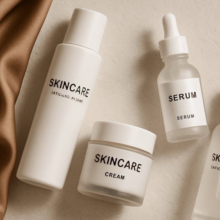 Flat lay of skincare products including serum, cream, and toner bottles.