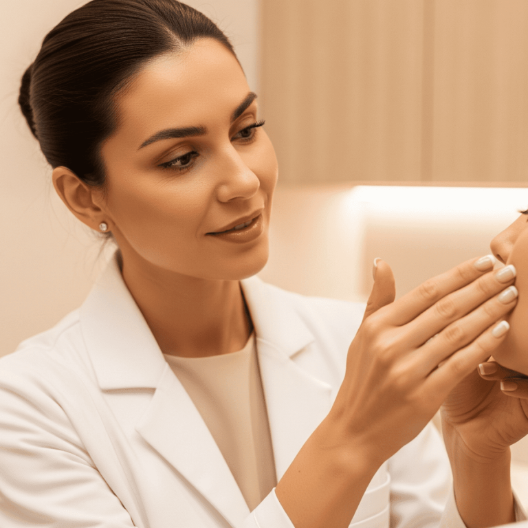 Aesthetic professional examining a patient’s face during a skincare consultation.