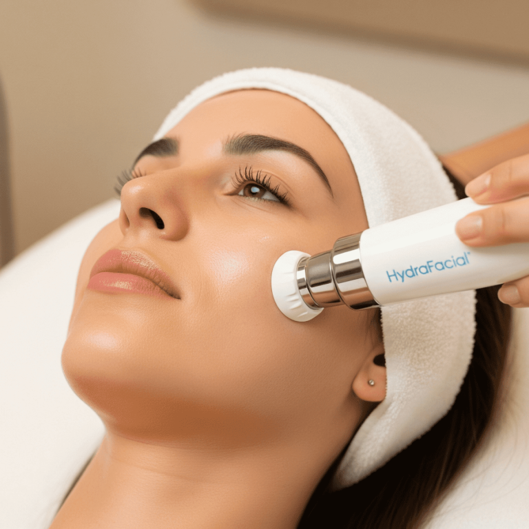 Patient receiving a professional HydraFacial treatment for skin cleansing and rejuvenation.
