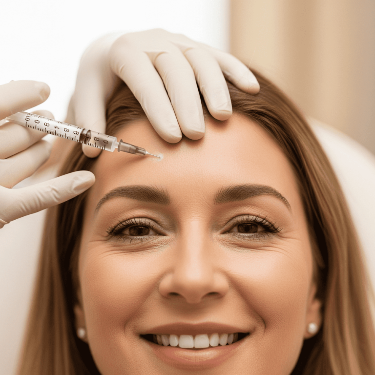 Patient receiving an injectable treatment on the forehead administered by a professional.