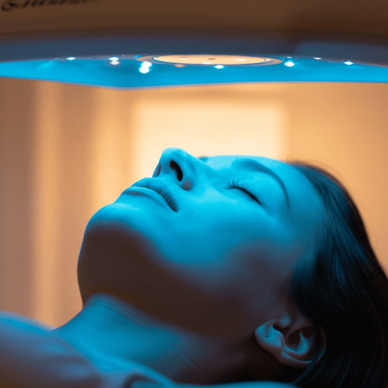 Patient receiving blue LED light therapy for skin rejuvenation and acne treatment.