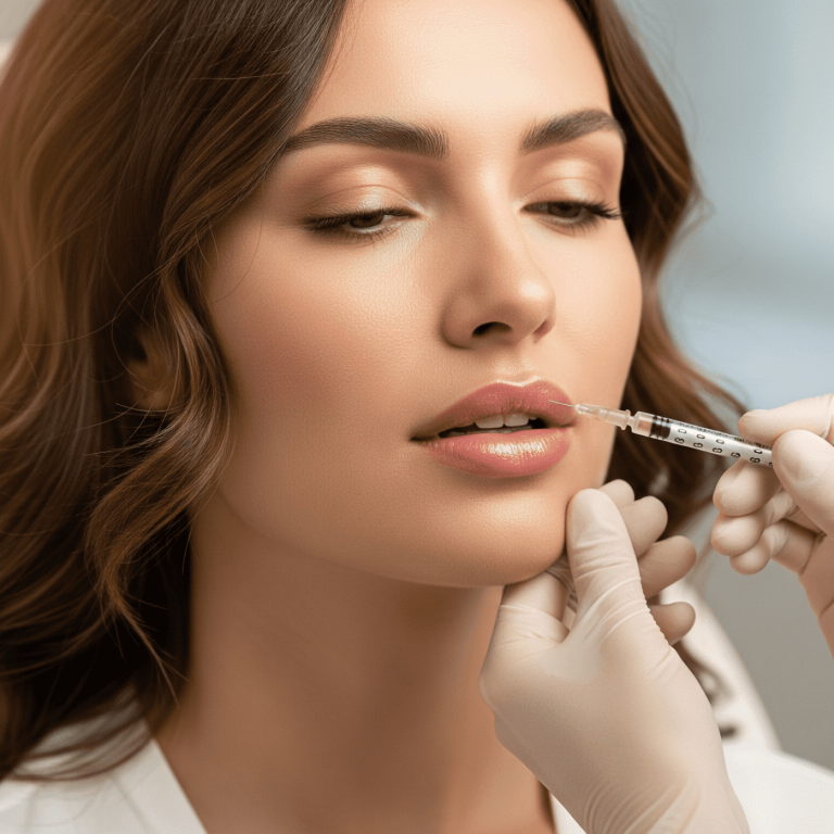 Aesthetic professional performing a lip filler injection to enhance volume and symmetry.