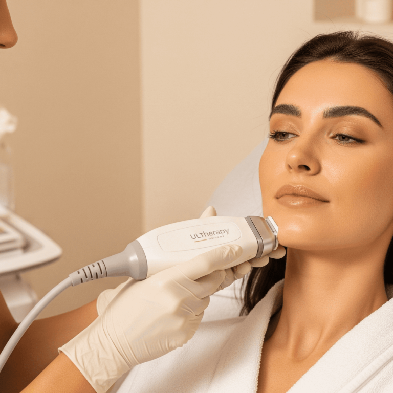 Aesthetic provider consulting with a patient in a bright office, discussing skincare treatment options.