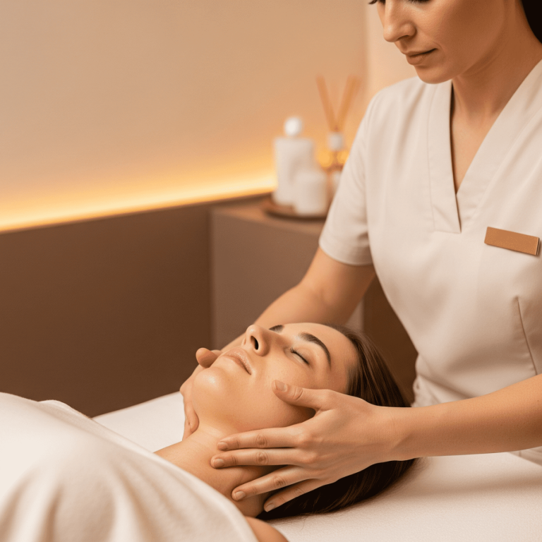 A skincare professional performing a calming facial massage on a client in a spa treatment room.