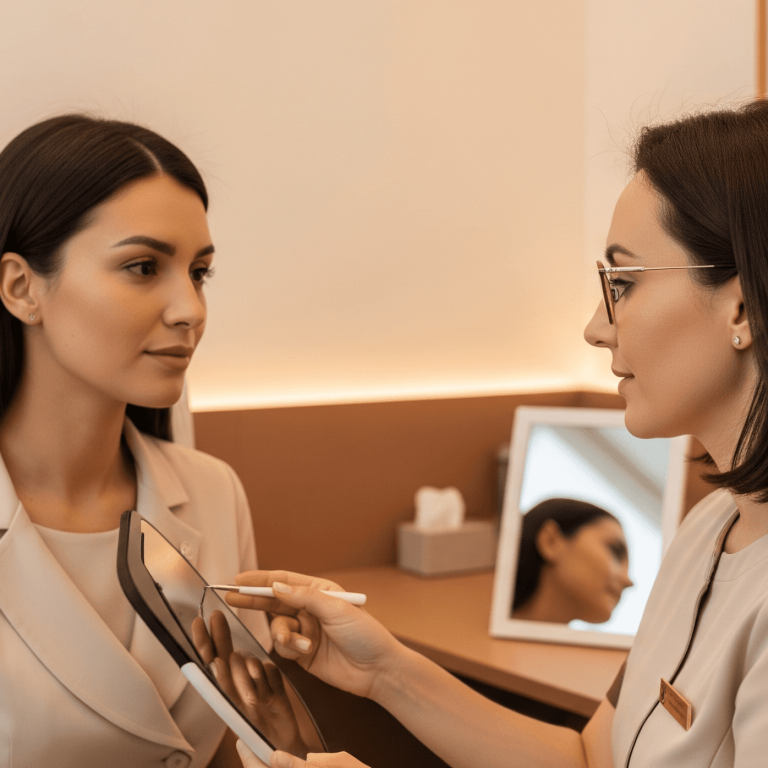 Skincare specialist performing advanced facial skin analysis with diagnostic tool