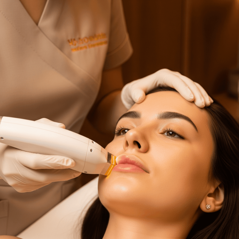 Esthetician performing facial laser treatment on a client