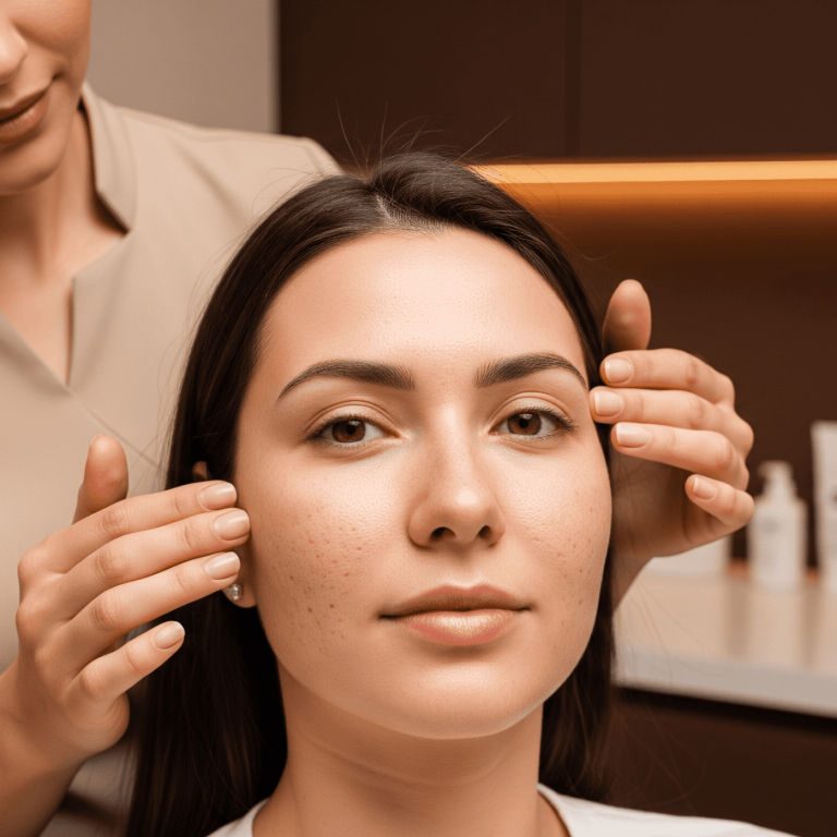 Skincare specialist examining a client’s facial skin during a consultation