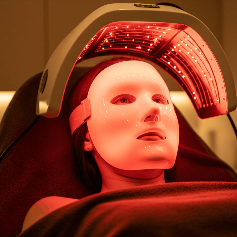 Client receiving red LED light therapy facial treatment