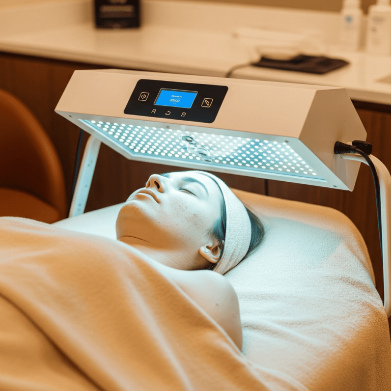 Client relaxing under professional facial light therapy equipment
