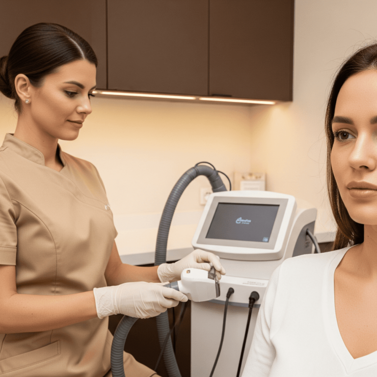 Client receiving non-invasive skin rejuvenation treatment in clinic