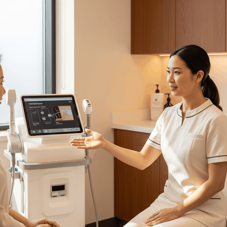 Skincare professional consulting with a client using advanced skin analysis device