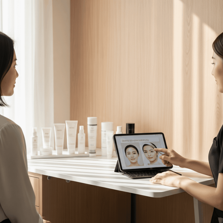 Skincare specialist showing before and after treatment results on a tablet to a patient during a consultation.