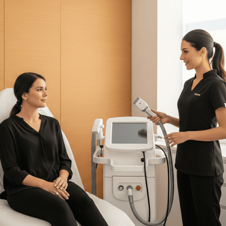 Aesthetic practitioner preparing to perform CO2 laser skin resurfacing treatment on a seated patient in a bright clinical setting.