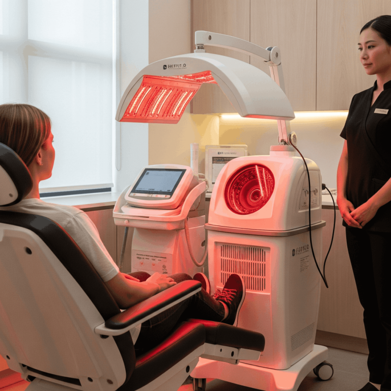 Patient receiving red LED light therapy treatment in a medical spa while a provider supervises the session.