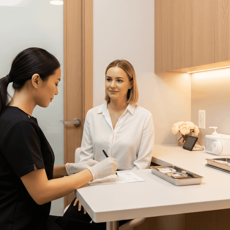 Skincare provider completing new patient intake paperwork with a client during an initial consultation appointment.
