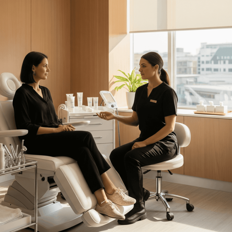 Skincare provider discussing personalized treatment options with a patient in a bright, modern medical spa office.