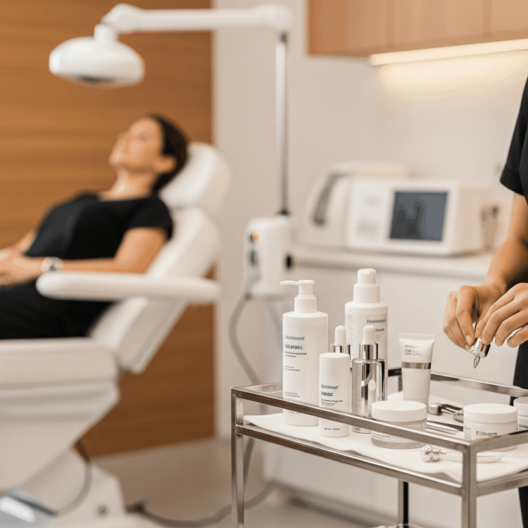 Aesthetic provider preparing professional skincare products on a treatment tray while a patient relaxes in a spa chair.