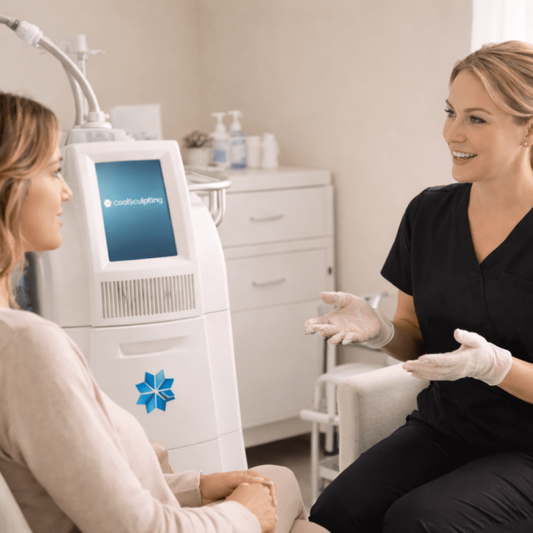 Aesthetic provider explaining CoolSculpting treatment to patient