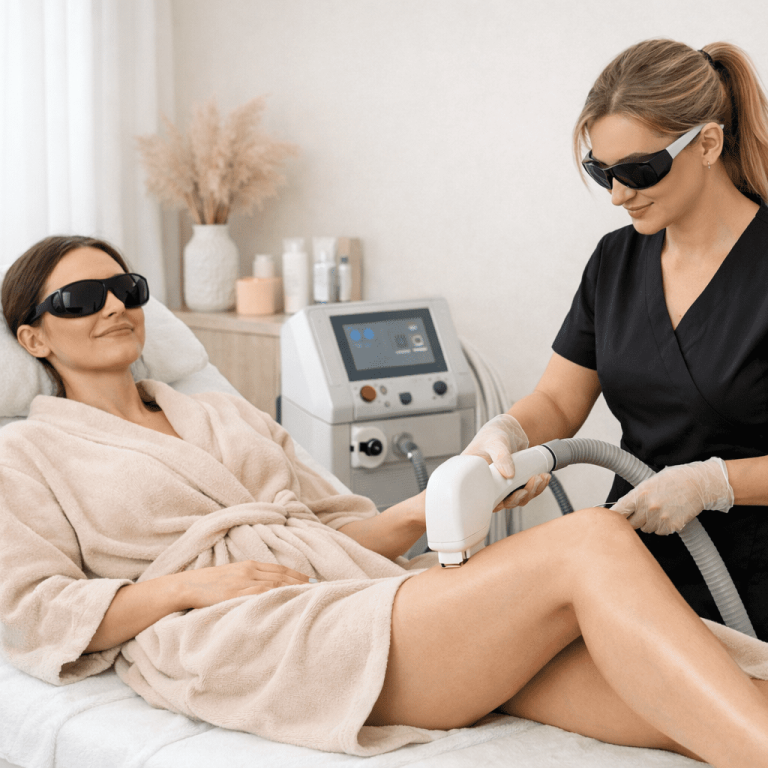 Technician performing laser hair removal on patient’s leg