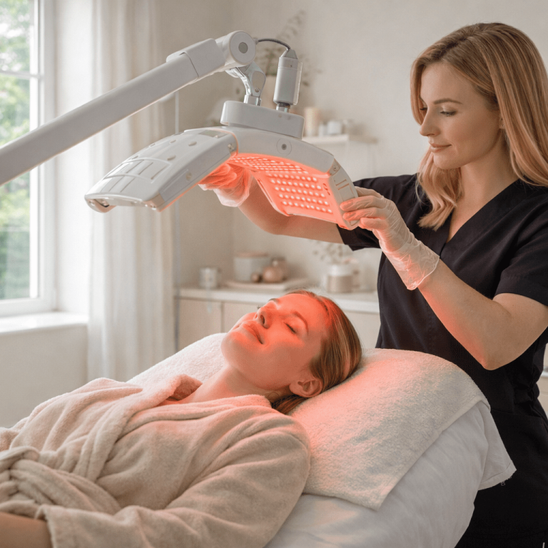 Red light therapy device used on client during facial treatment