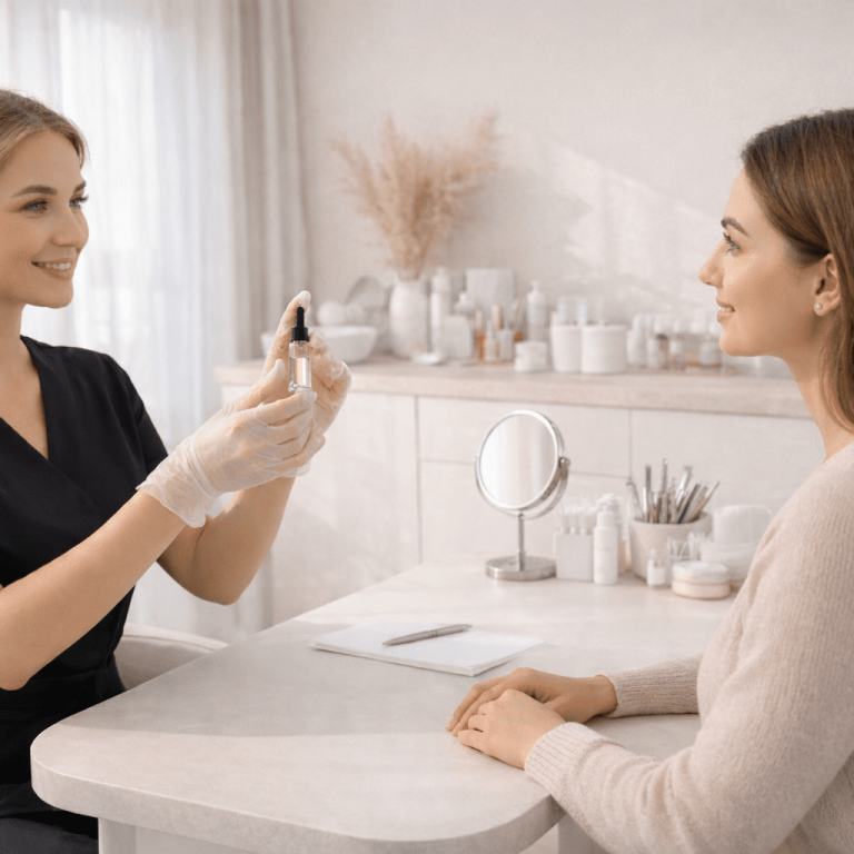 Skincare specialist demonstrating serum product to client