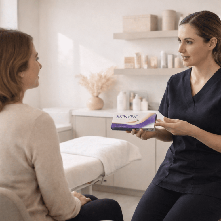 Provider holding Skinvive product box during consultation