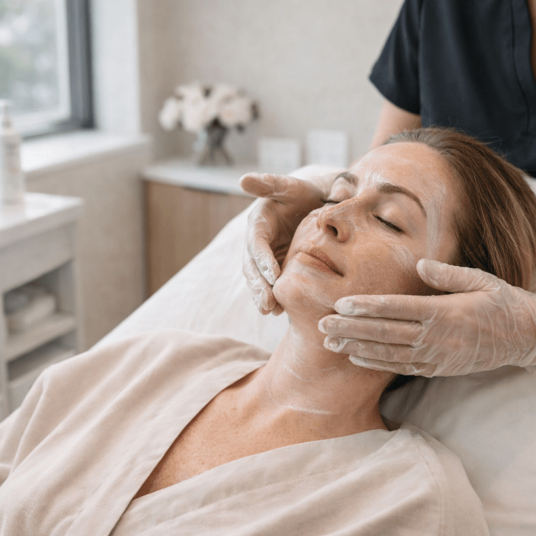 Woman receiving a professional anti-aging facial treatment at a skincare clinic