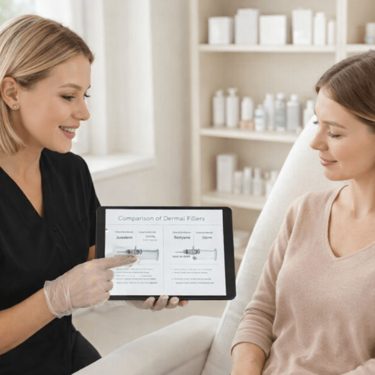 Skincare specialist explaining dermal filler options to a client using a tablet