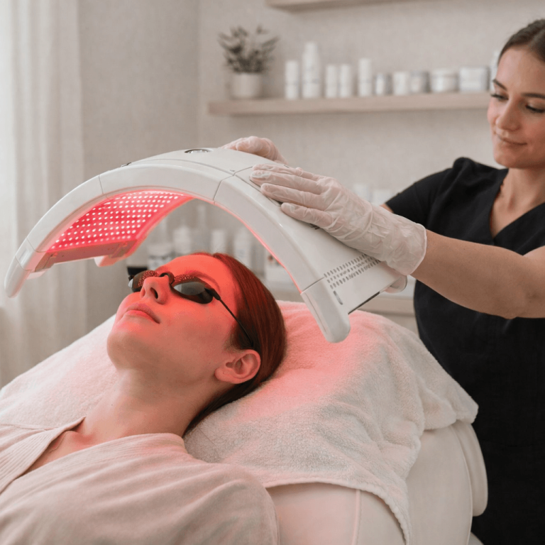 Skincare provider showing Botox and Juvederm treatment differences on a tablet