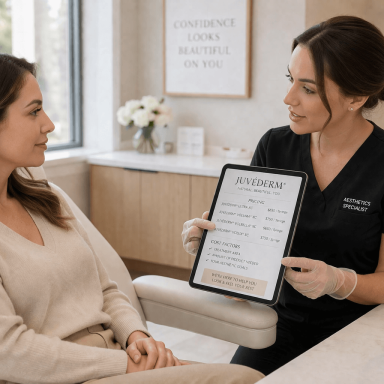 Provider explaining Juvederm pricing and treatment options to a client