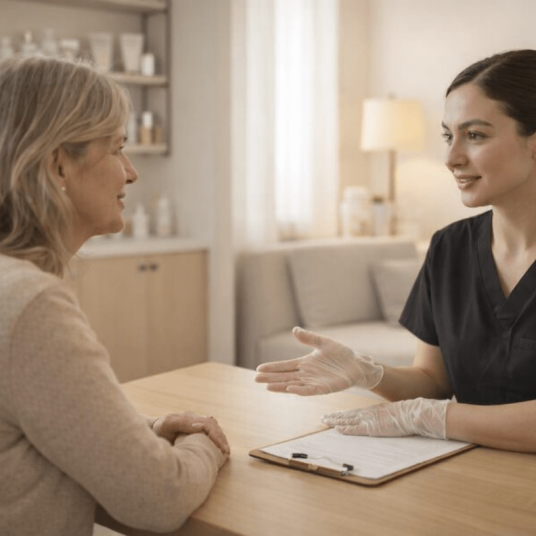 Skincare specialist consulting with a client about treatment options