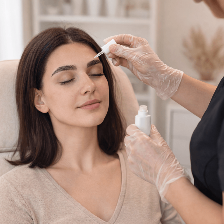 Aesthetician applying skincare serum to a woman's face
