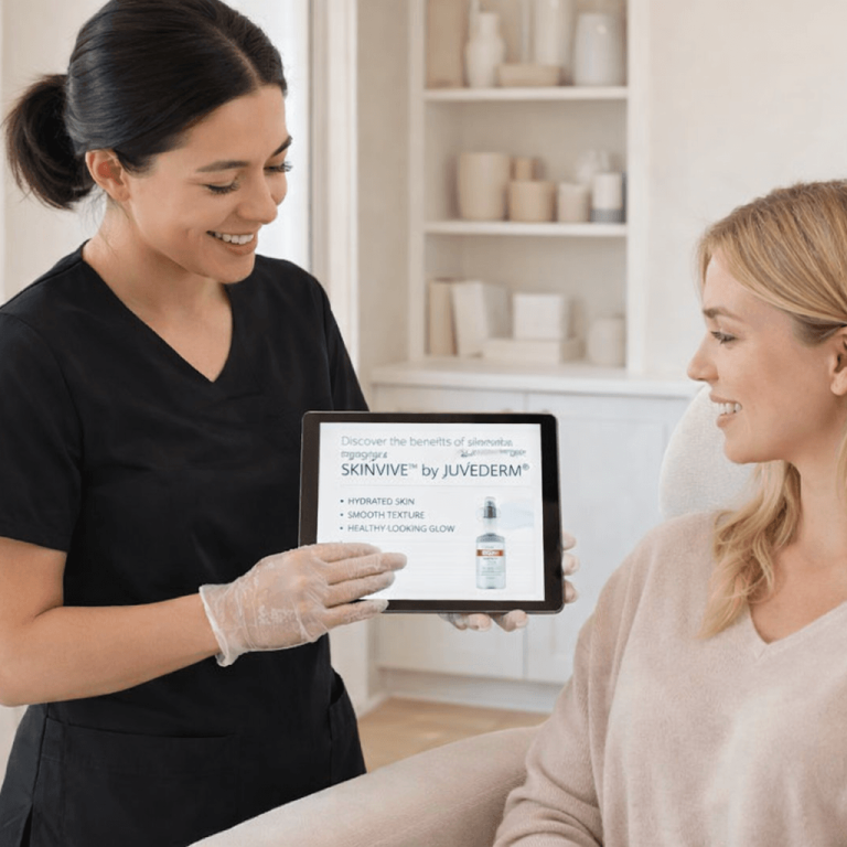Aesthetician presenting Skinvive treatment benefits to a client on a tablet