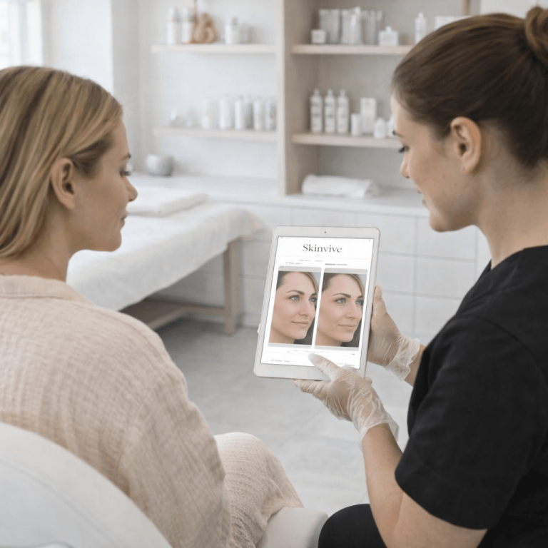 Skincare specialist showing Skinvive before and after results to a client