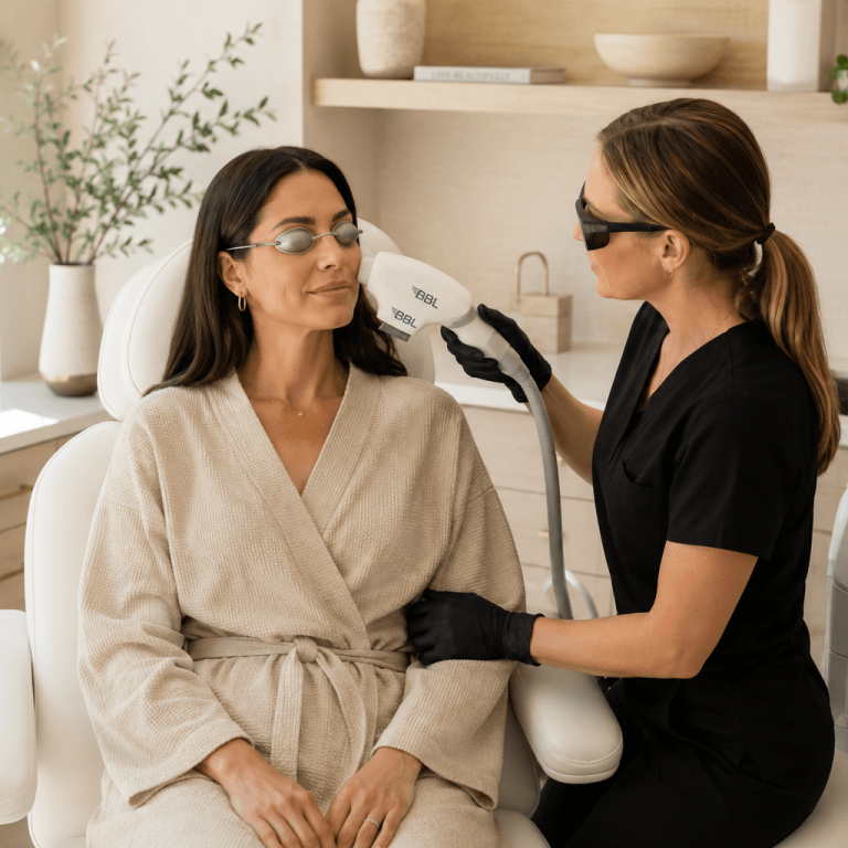 Broadband light laser facial treatment being performed at a med spa