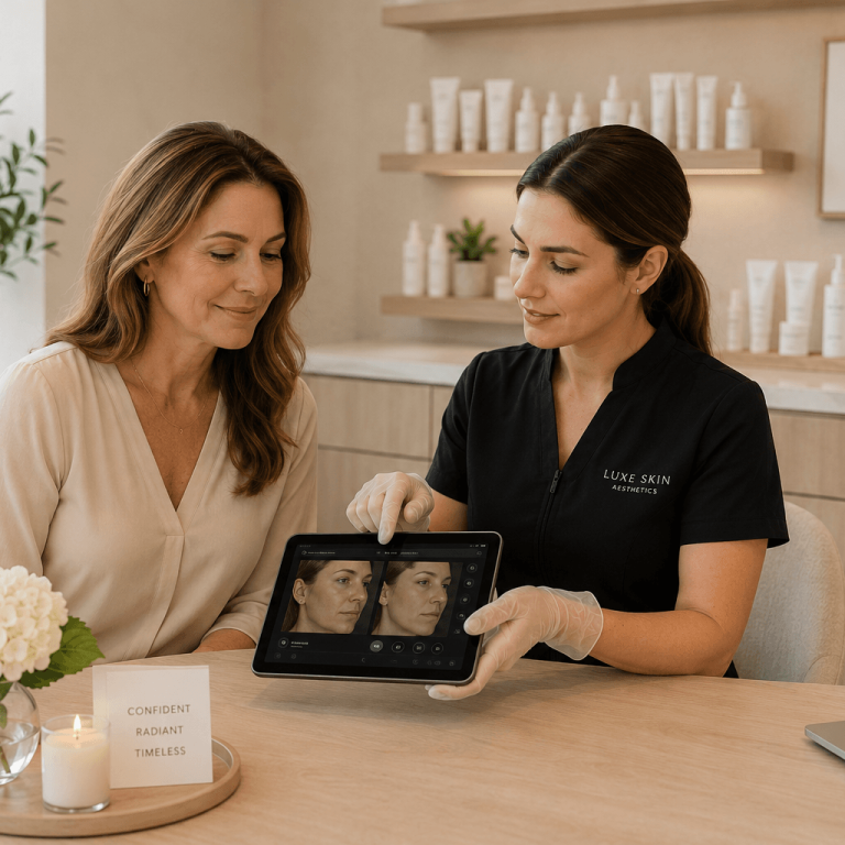 Esthetician showing before and after skin treatment results on a tablet