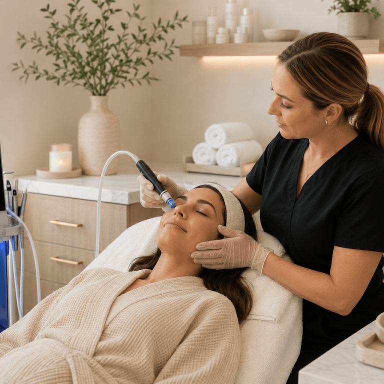 Esthetician performing a Hydrafacial treatment on a client at a luxury med spa