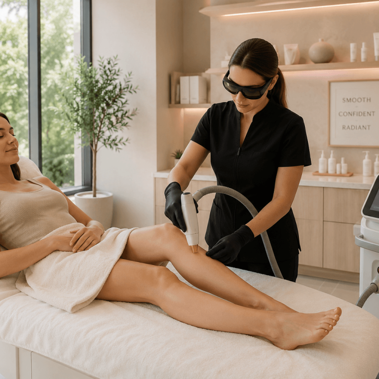 Laser hair removal treatment being performed on a client’s legs