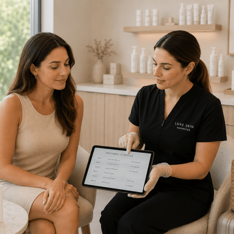 Client reviewing a laser hair removal treatment schedule with a med spa provider