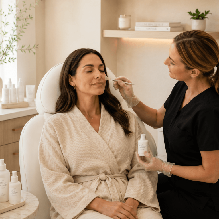 Esthetician applying skincare product to a client during a facial consultation